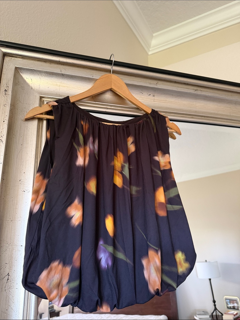 Ann Taylor Black Floral A-Line Blouse with Orange Accents